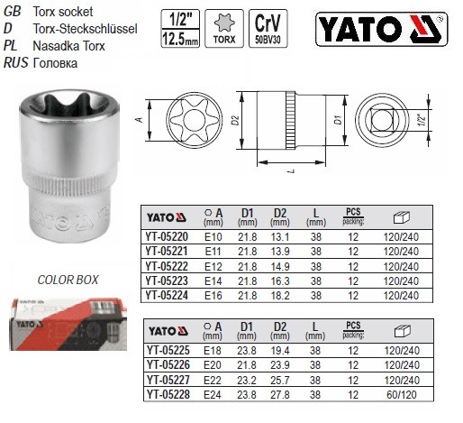 Головка торцева ТОRХ 1/2" Е24х38 мм CrV YATO YT-05228