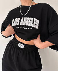 Жіночий популярний костюм двійка з написом L.A футболка та джогери (чорний, мокко, графіт) оверсайз 42-46
