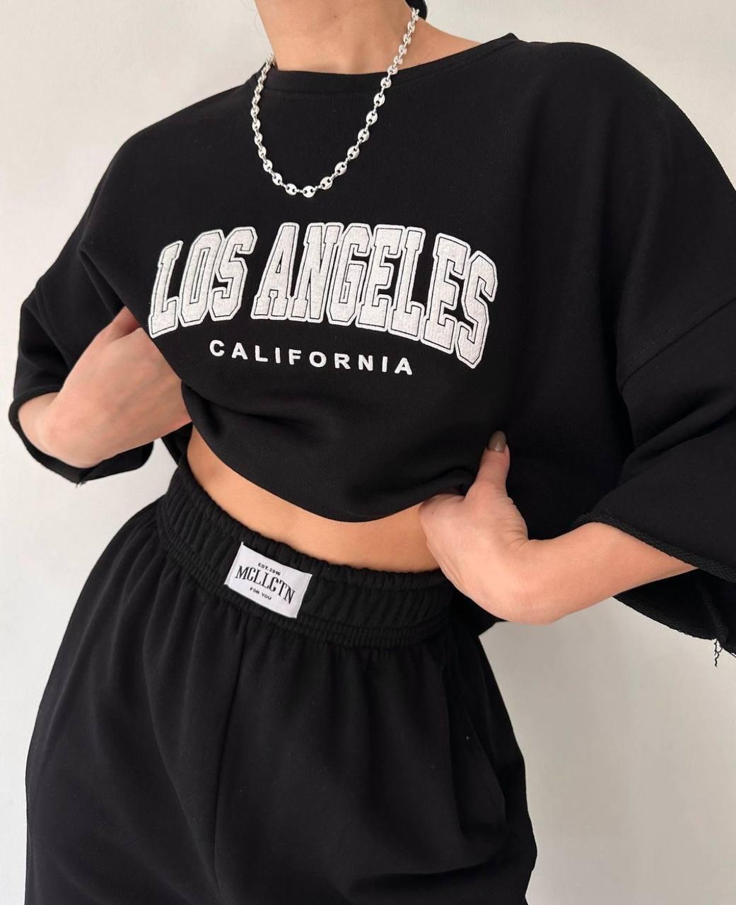 Жіночий популярний костюм двійка з написом L.A футболка та джогери (чорний, мокко, графіт) оверсайз 42-46