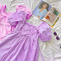 Хлопковые платья с рукавами буфами и завязками | Размеры: универсальный Лиловый