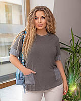 Стильная женская летняя трикотажная футболка больших размеров с карманами (р.48-58). Арт-1038/11 серая
