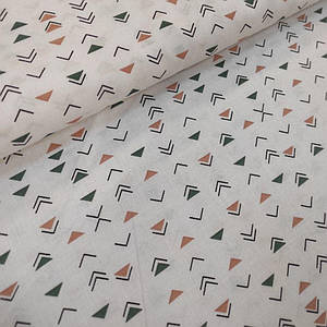 ОТРЕЗ (1,6*1,6 м) Бавовняна тканина Польська, трикутники дрібні бежеві, темно-зелені (0418)