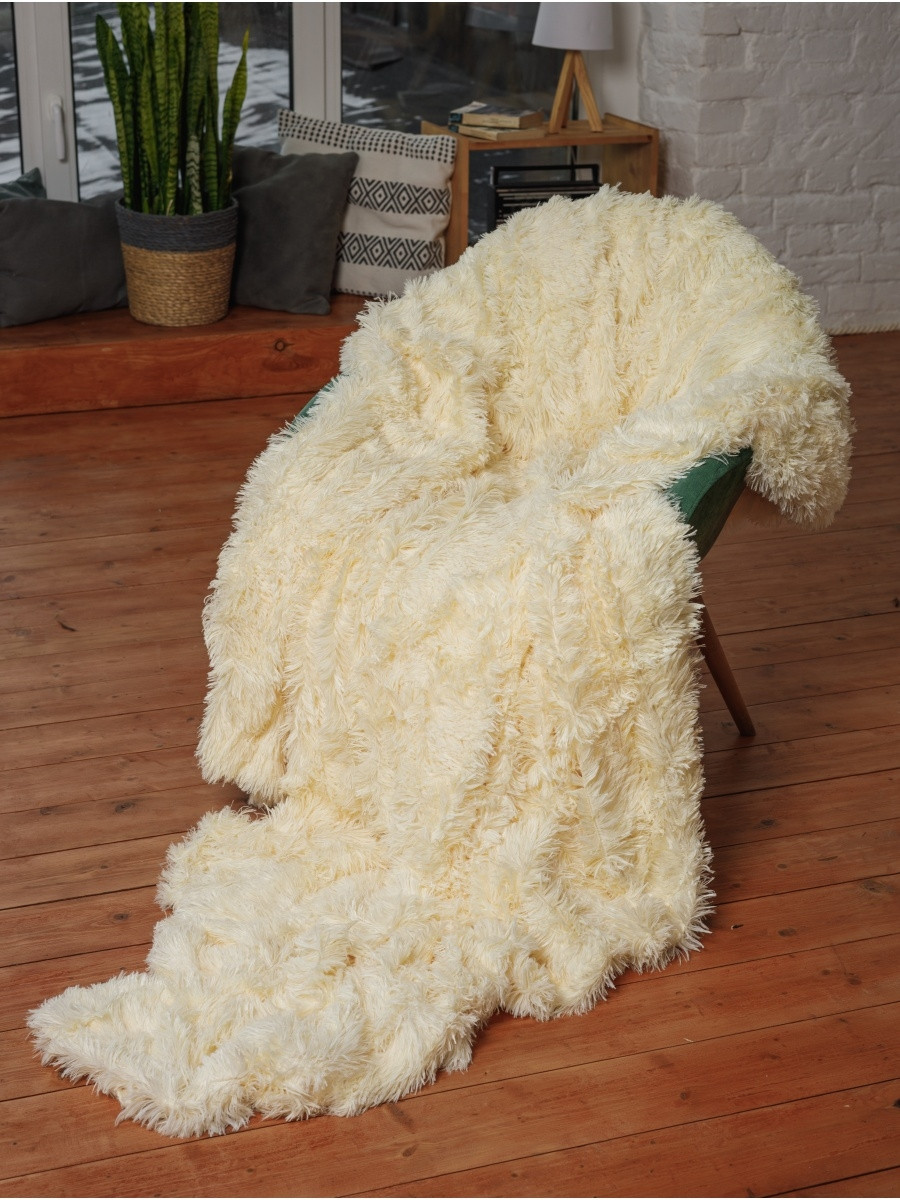 Купить Плед Травка Меховое Покрывало с длинным ворсом молочный евро ...