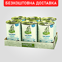 Упаковка консервованого корму ISEGRIM Junior Salmon для собак, Лосось з пшоном, чорницею, 400 г (6 банок)