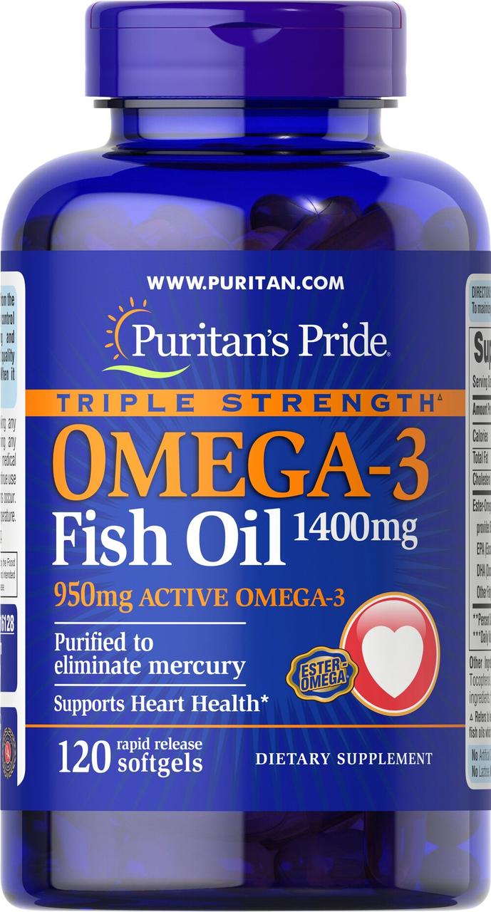 Puritan's Pride, Омега-3 риб'ячий жир (Triple Strength Omega-3 Fish Oil) 1360 мг 120 капсул