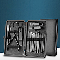 Стильный компактный набор инструментов для маникюра, педикюра и ухода за лицом 16 в 1 (черный)