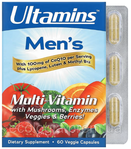 Мультивитамины для мужчин 60 капс Ultamins men's Комплекс с коэнзимом Q10 Витамины Минералы Ликопин Лютеин В12 - фото 5 - id-p680824079