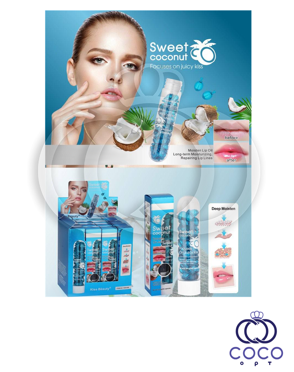 Сироватка для губ у капсулах Sweet Coconut Focuses On Juicy Kiss з кокосовою олією 45 штук*0,35 гр, фото 1