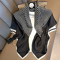 Косынка шелковая платок в полоску на шею на сумку женский атласный шаль с принтом шелк-армани Черный