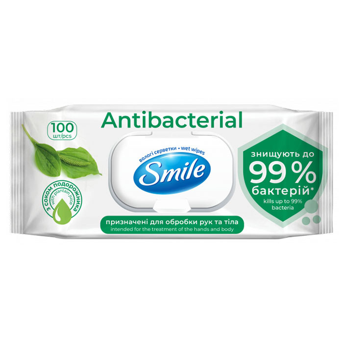 Серветки вологі SMILE Antibacterial з екстрактом подорожника 100 шт