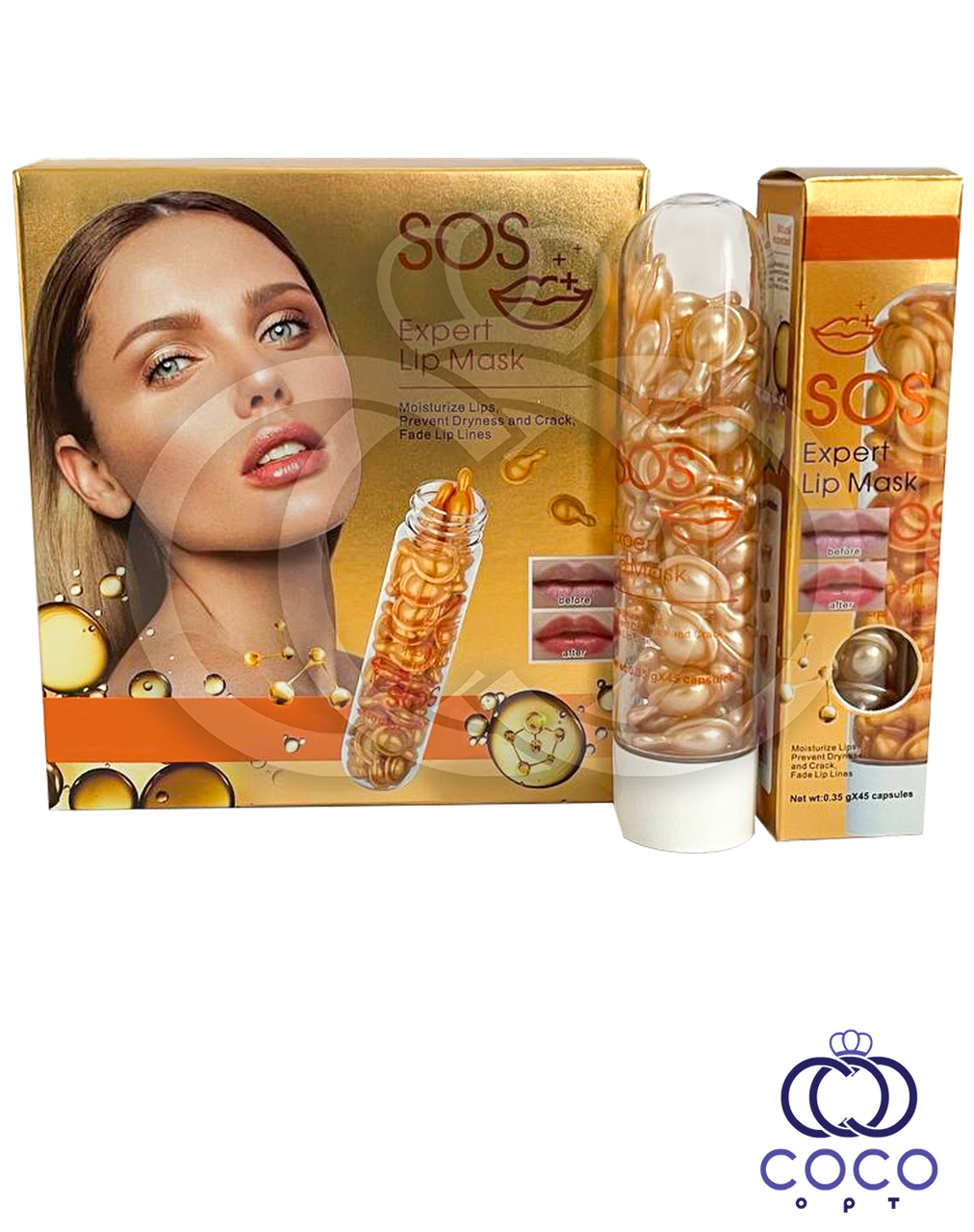 Сироватка для губ у капсулах SOS Expert Lip Mask з колагеном і золотом 45 штук*0,35 гр, фото 1