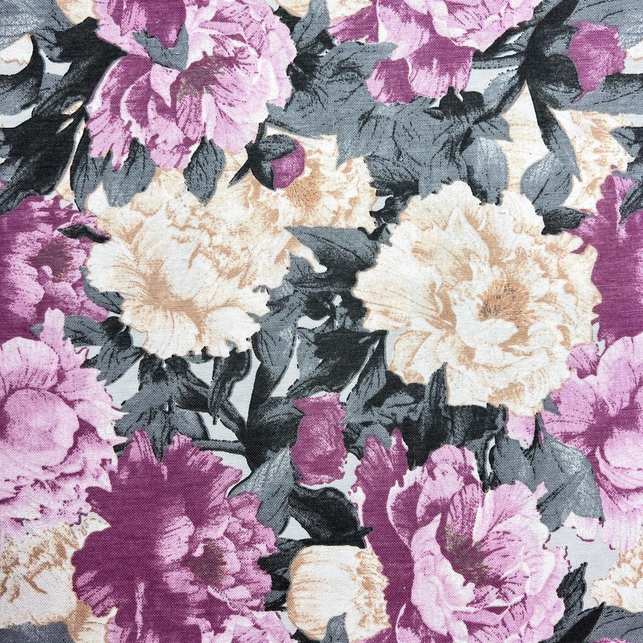Тканина DUCK "Квіти бежево-фіолетові з сірим листям"