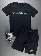 Летний спортивный костюм BMW motorsport черный мужской , Черный мужской комплект на лето Шорты и Футболка БМВ