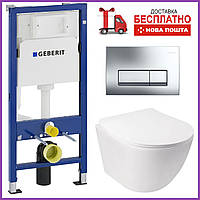 Унітаз підвісний Jay безобідковий з мікроліфтом і інсталяцією Geberit з клавішею хром