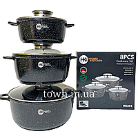 Набор посуды с гранитным антипригарным покрытием Higher Kitchen HK-301, набор кастрюль с крышками черный