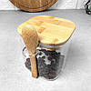 Квадратна скляна банка з дерев'яною ложкою з бамбуковою кришкою 600 мл, фото 2