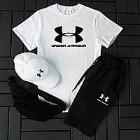 Мужской летний спортивный костюм Under Armour белый 4в1, Комплект летний Шорты + Футболка + Бейсболка + Сумка