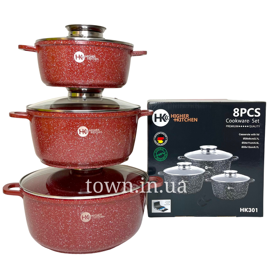 Набір посуду з гранітним антипригарним покриттям Higher Kitchen HK-301 червоний, набір каструль із кришками