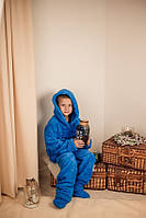 Детская теплая пижама с капюшоном для мальчика, голубая