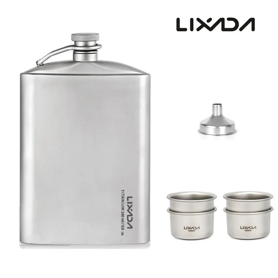 Фляга титанова для алкогольних міцних напоїв Lixada titanium 260 мл з титановими чарками 4 шт по 35 мл лійка та чохол
