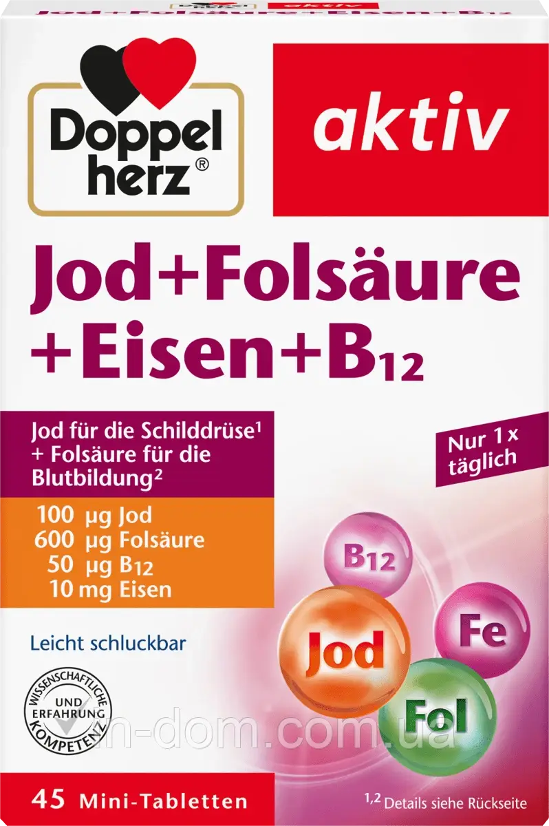 Doppelherz Jod + Folsäure + Eisen + B12 Вітамінний комплекс йод, фолієва кислота, залізо та В12 45 шт.