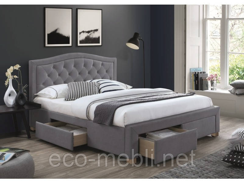 Ліжко двухспальне з ящиками та мякою оббивкою у спальню Electra velvet 160x200 сірий Signal, фото 1