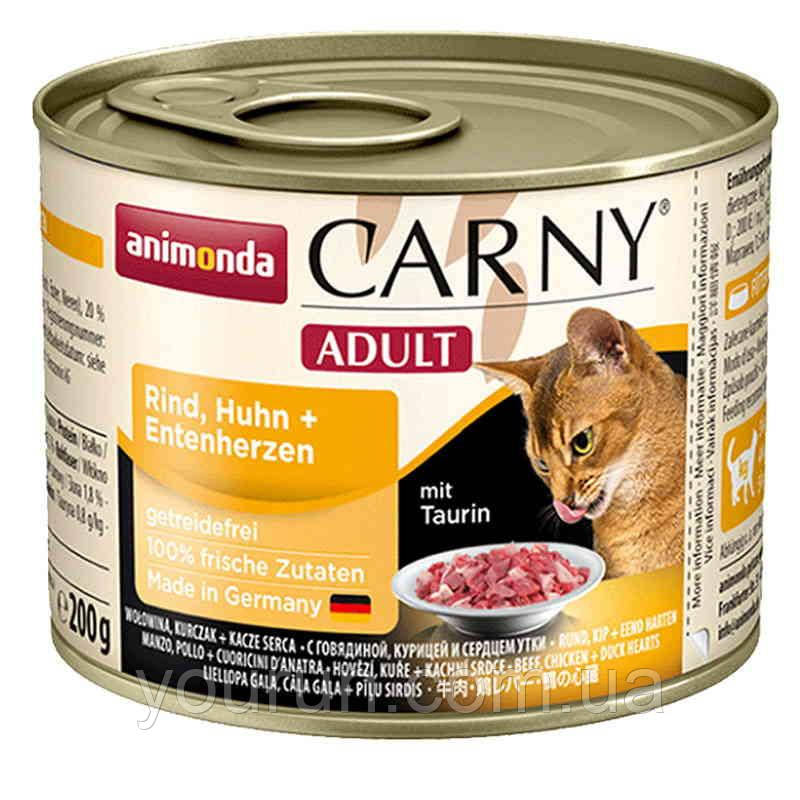 Animonda(Анімонда)Carny Adult Beef,Chicken+Duck hearts корм для кішок(яловичина, курка та качині серця)200 гр, фото 1