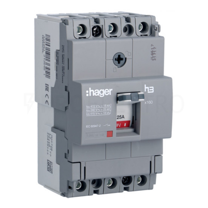 Автоматичний вимикач HDA025L x160, In=25А, 3п, 18kA, Hager