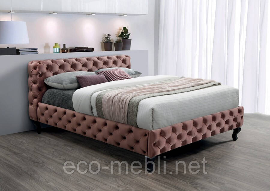 Двохспальне ліжко з мякою спинкою Herrera velvet 160x200 рожевий / венге Signal