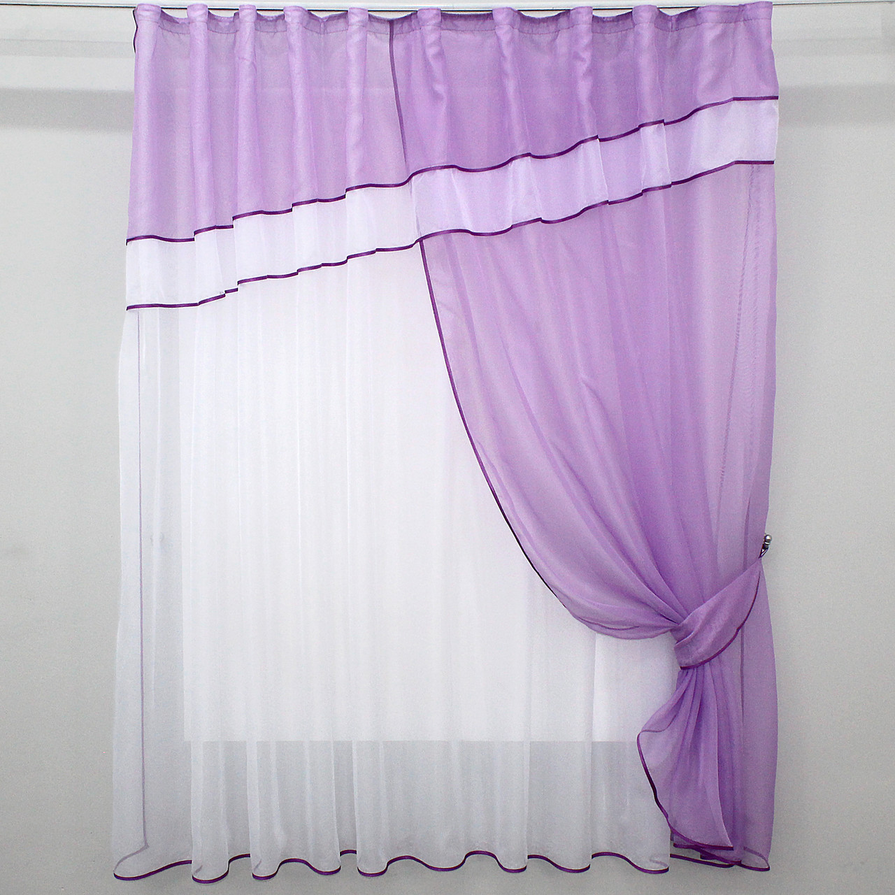 Кухонна (280х170см.) занавіска, штора і тюль з ламбрекеном. Колір бузковий з білим. Код 018к 50-056, фото 1