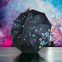 Зонт женский складной, полуавтомат (открытие), 10 спиц система "антиветер", черный с цветочным узором