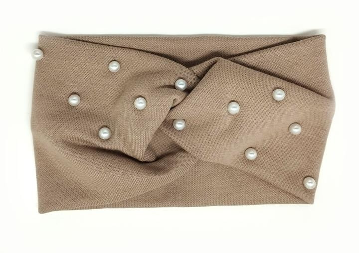 Пов'язка чалма бежева з намистинами, фото 1