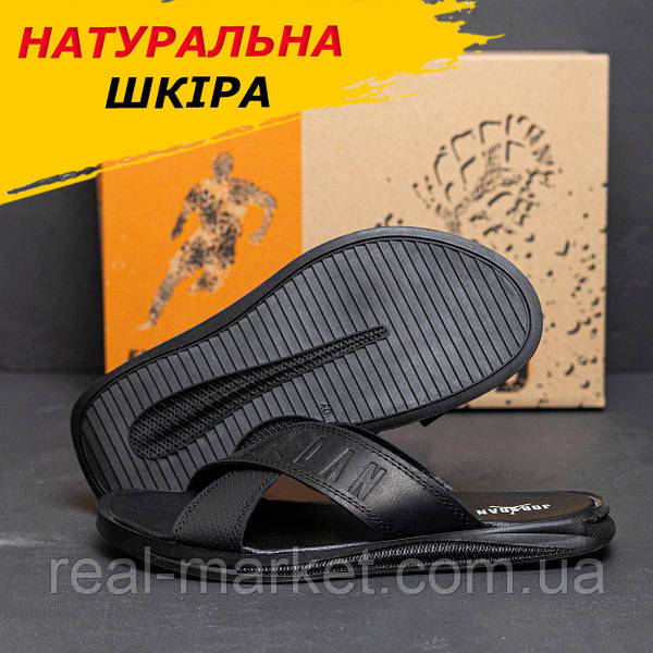 Літні чоловічі шкіряні шльопанці чорні класичні з натуральної шкіри на літо взуття *J4/1ч літо*