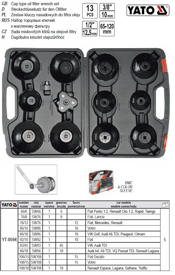 Набор головки торцевие YATO Польша для масляних фильтров М65-120 3/8" і 1/2" 13 штук YT-0594