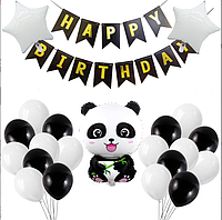Набор воздушных шаров с фигурой Панда для создания фотозоны с черной гирляндой Happy Birthday