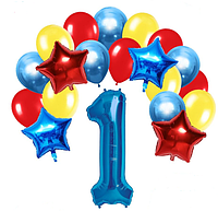 Набор воздушных шаров с фольгированной синей цифрой 1
