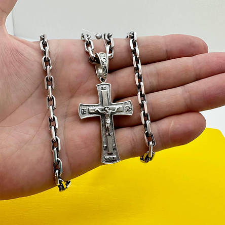 Масивний срібний комплект чорнений якірний ланцюжок з хрестом срібло 925 проба, фото 1
