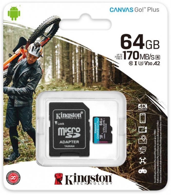 Карта пам'яті MicroSDXC 64 GB UHS-I/U3 Class 10 Kingston Canvas Go! Plus R170/W70MB/s + SD-адаптер (SDCG3/64GB)