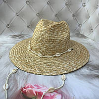 Жіночий літній солом'яний капелюх Федора з широкими полями та мушлями