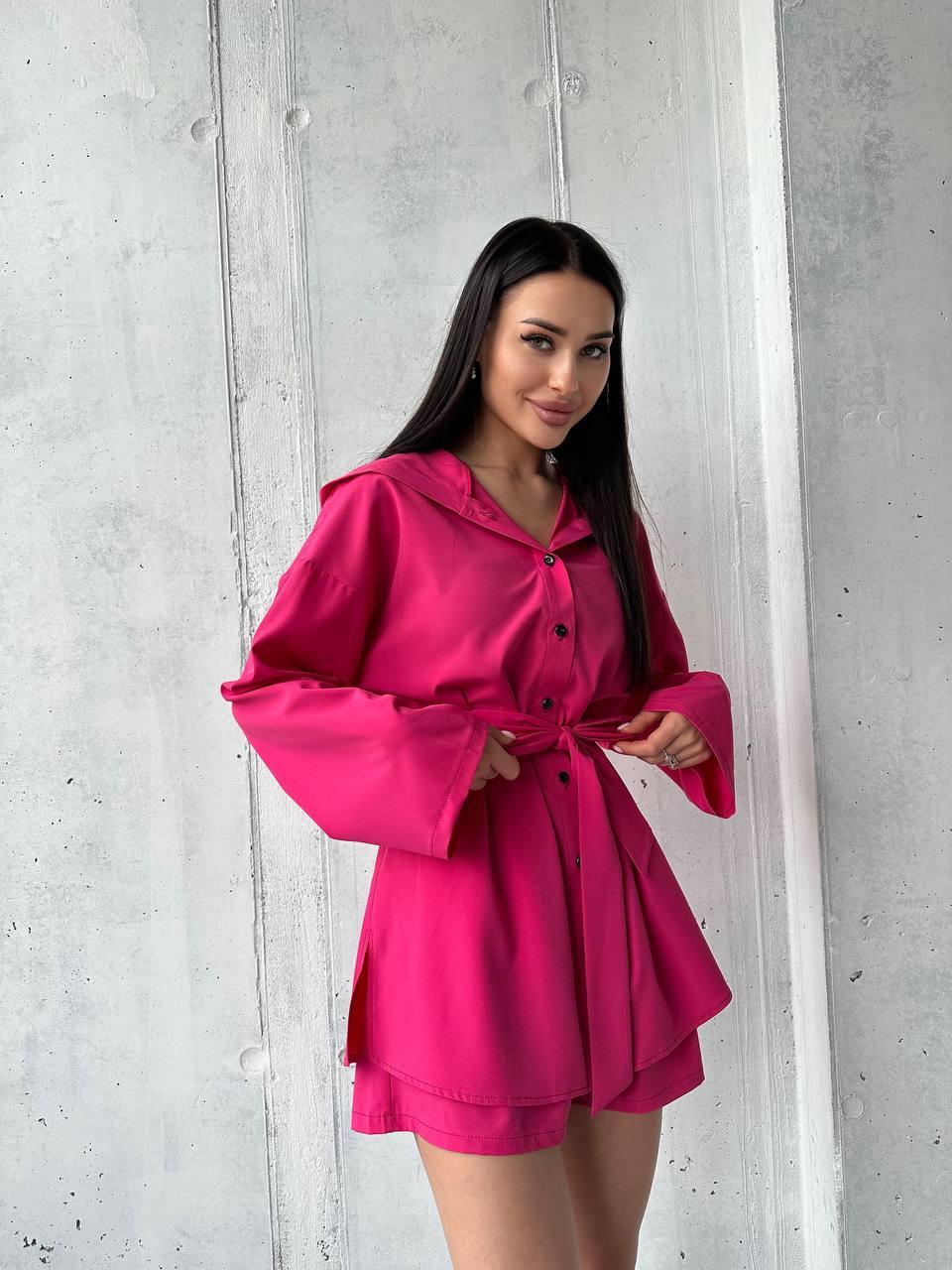 Літній жіночий легкий костюм сорочка вільного крою з капюшоном та шорти софт Dv5485