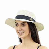 Жіночий сонцезахисний солом'яний капелюх молочного кольору із широкою чорною стрічкою (55-59)