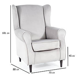 Англійське крісло з вушками Baron Velvet світло-сіре на ніжках кольору венге в кімнату