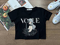 Женский молодёжный топ/футболка трикотажная с принтом -черный цвет.