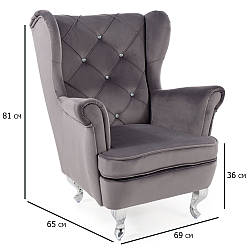 Дитяче крісло зі стразами Lili Velvet сірий велюр на сріблястих ніжках в кімнату