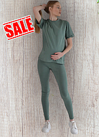 Зеленый костюм для беременных и кормящих базовая футболка и лосины 42-56