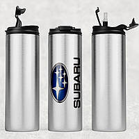 Термочашка металева срібляста для холодних і гарячих напоїв з маркою авто Subaru / Субару.