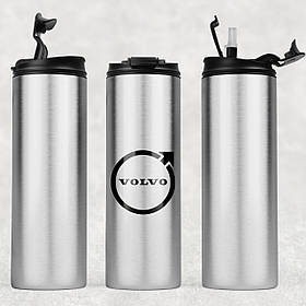 Термочашка металева срібляста для холодних і гарячих напоїв з маркою авто VOLVO / Вольво.