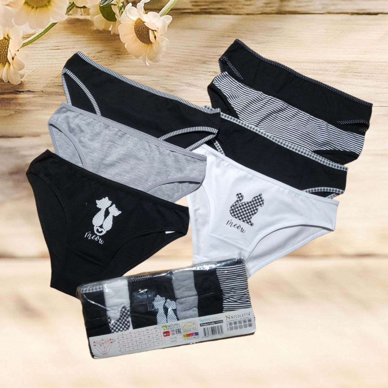 Жіночі трусики з котиками хлопкові Nicoletta набір 7 шт Розміри M L XL, фото 1