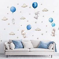 Интерьерная виниловая 3Д наклейка на стену Зайчики на воздушных шариках Голубой