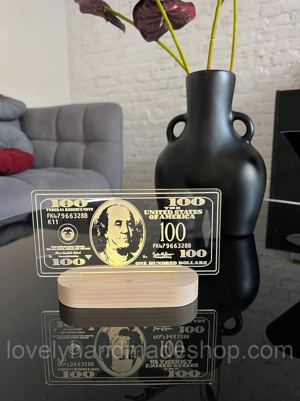 Нічник з купюрою 100 доларів, нічник гроші, долар,з USB роз'ємом , ,18/11 см